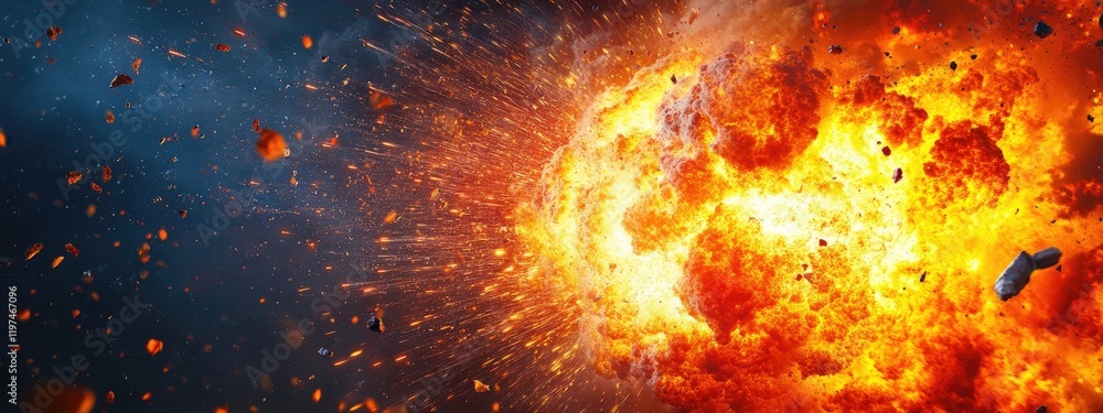 Aufkleber explosion with debris and fire against a dark blue background with copy space for text insertion
