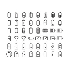 Set of battery icons depicting different power levels, from full charge to empty. Ideal for tech interfaces, apps, and energy-related designs. Clean and versatile vector style.