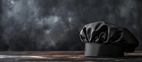 Elegant black chef hat resting on rustic wooden table with textured dark gray background and ample empty space for creative text placement.