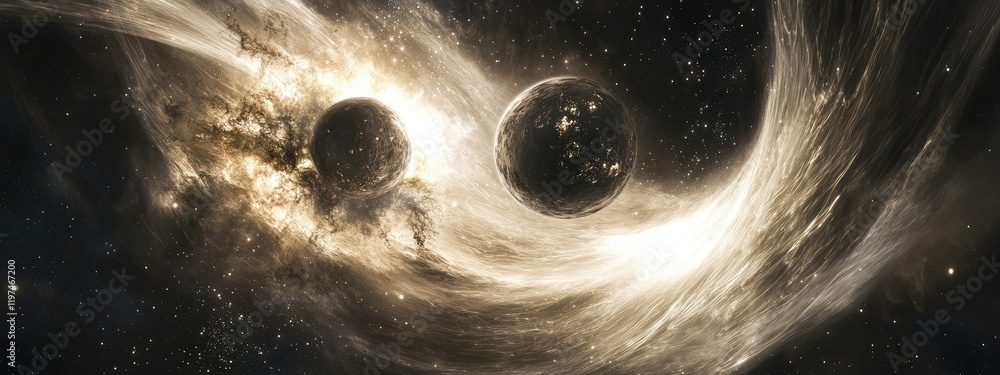 Poster cosmic collision of two celestial bodies amidst swirling cosmic dust and light effects in deep space