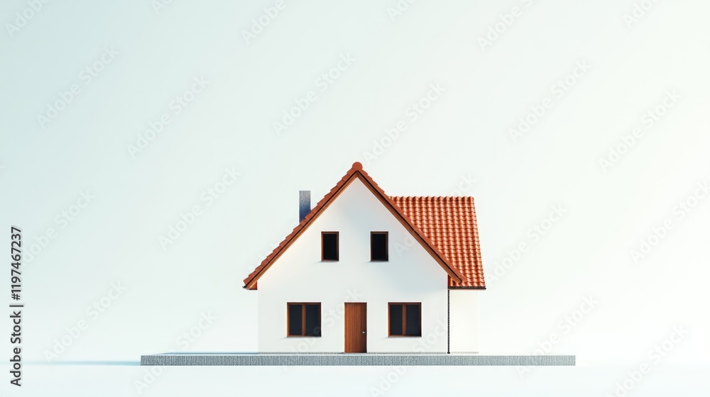 Poster minimalist model of a small house with a red tiled roof and white walls on a light background with c