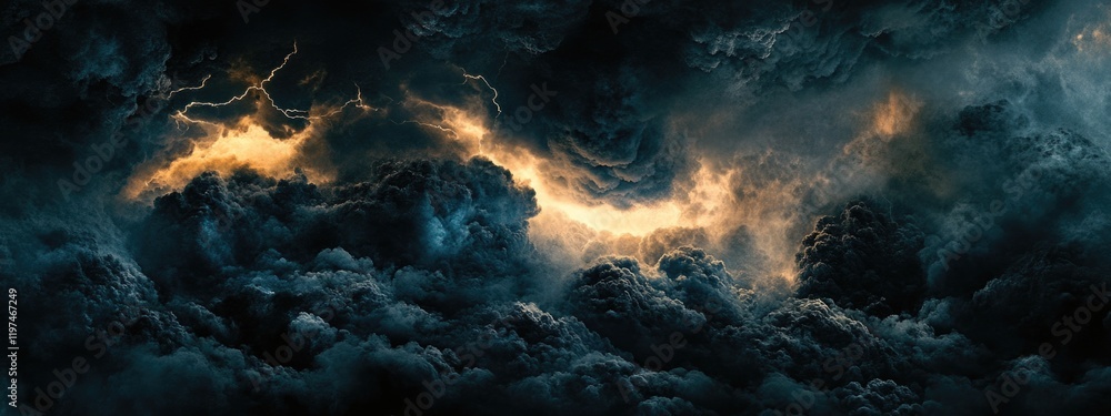 Poster dramatic dark clouds with hints of orange light contrast in a turbulent sky copy space for text over