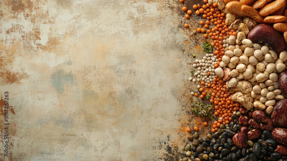 Poster assorted legumes grains and seeds arranged on textured background with copy space for text or design
