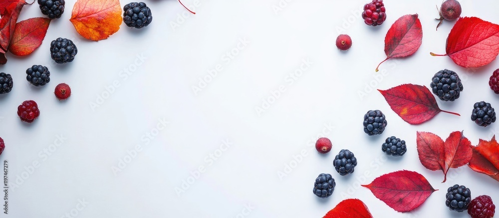 Poster autumn berries and red leaves flat lay arrangement on light background with blank space for text in 