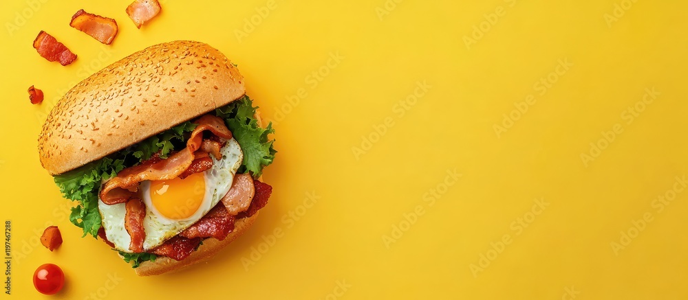 Aufkleber breakfast sandwich with egg sausage bacon on yellow background with empty copy space for text fresh 