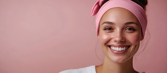 Smiling Woman with Headband in Pink Against Solid Background at Cancer Awareness Event with Text Space