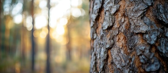Fototapeta premium Close-up of rustic tree bark showcasing natural textures and earthy tones with soft forest background and warm sunlight creating a serene atmosphere
