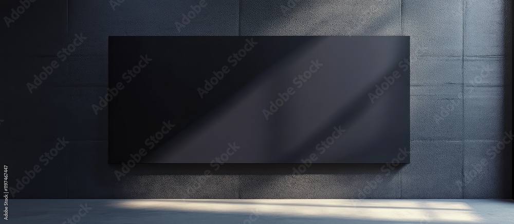 Poster black linen canvas poster displayed in a minimalist interior space with soft shadow lighting, featur