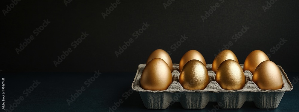 Poster Golden eggs in a carton on a dark background with copy space for text or branding.