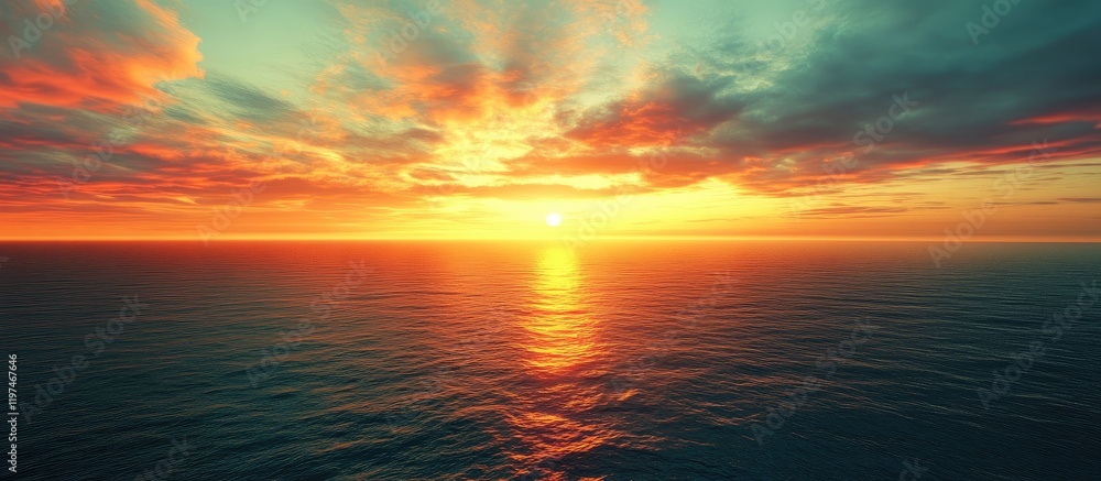 Poster vibrant sunset over calm ocean visible through airplane window with colorful skies and empty text sp