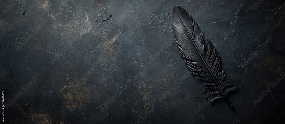 Aufkleber elegant black feather resting on a textured dark surface with ample negative space for text and desi