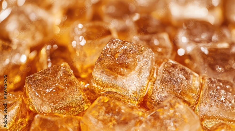 Poster close-up of translucent amber ice cubes with sparkling condensation on a blurred golden background e