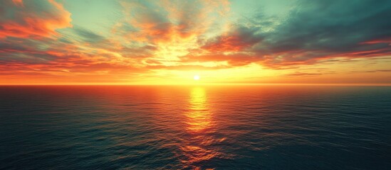 Fototapeta premium Vibrant Sunset Over Calm Ocean Visible Through Airplane Window with Colorful Skies and Empty Text Space for Travel or Adventure Themes