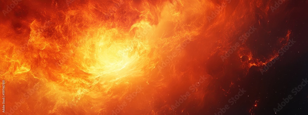 Poster colorful abstract cosmic background with swirling orange and fiery elements in space with copy space