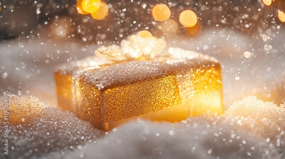 Poster golden gift box surrounded by sparkling snowflakes and soft glowing lights in a festive setting with