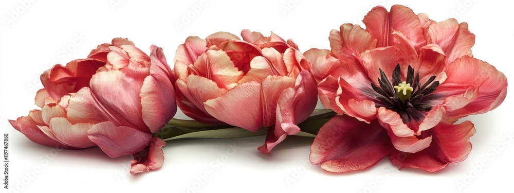 Poster pink tulip flowers arranged in a row with soft petals and contrasting dark center on a white backgro