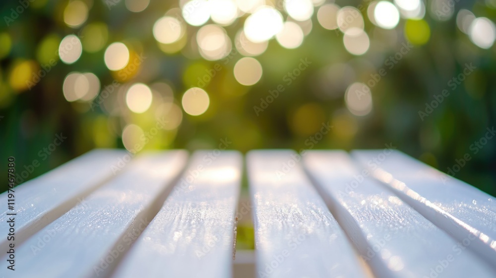 Poster white wooden table surface with blurred bokeh background of green foliage and soft sunlight copy spa