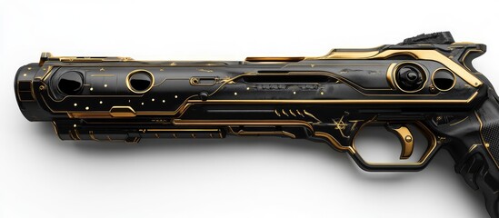 Naklejka premium Black futuristic firearm with gold accents isolated on white background for copyspace empty for text layout high resolution professional stock photography