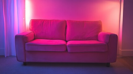 Fototapeta premium Modern pink couch with vibrant purple and pink lighting in contemporary living room setting featuring softly illuminated walls and copy space.