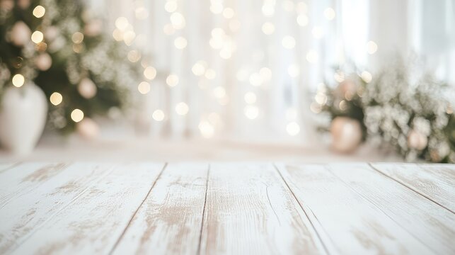 Wooden table display for baby shower or baptism backdrop with soft lighting, floral arrangements, and a blurred festive background in neutral tones.