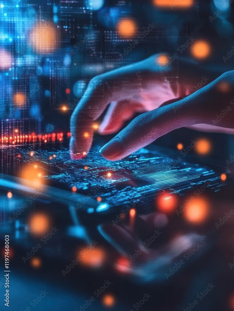 Poster close up of hands using digital pad with creative glowing blockchain hologram on blurry desktop back