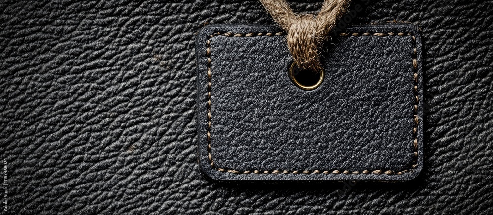 Aufkleber textured black leather backdrop featuring a stitched black leather tag with a brown string loop, pro