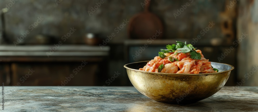Aufkleber rustic kitchen setting with brass bowl overflowing with vibrant kimchi on textured stone countertop 