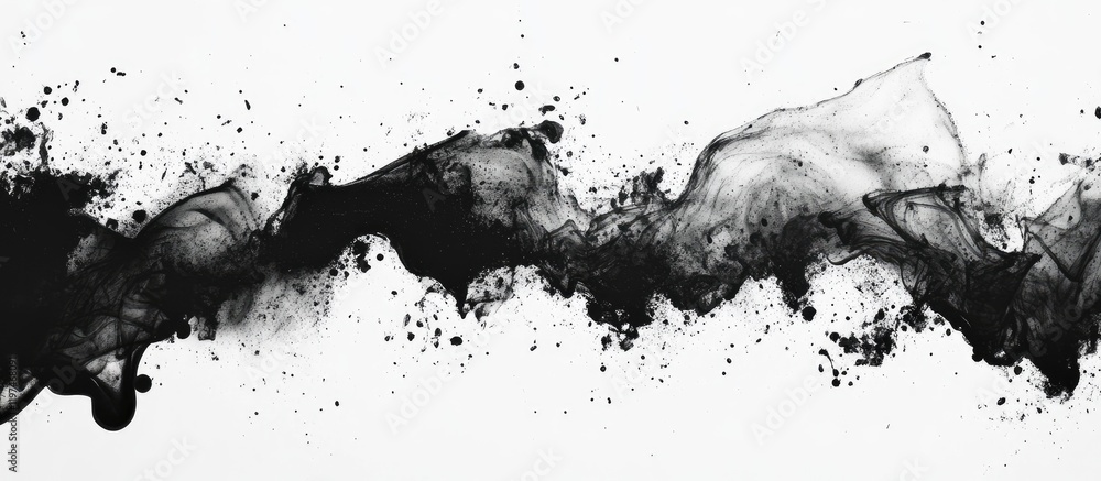 Poster dynamic monochrome black ink splashes on white paper background creating a textured smear effect wit