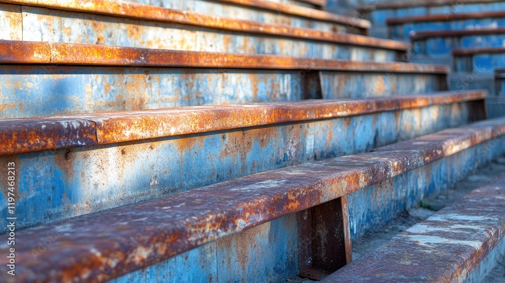 Poster rusty metal steps with chipped paint and weathered texture in urban setting providing ample copy spa