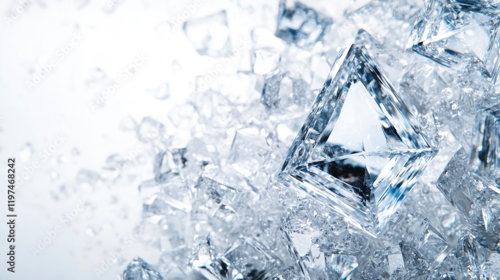 Poster close-up view of sparkling crystal diamonds on soft background with bright reflections and copy spac