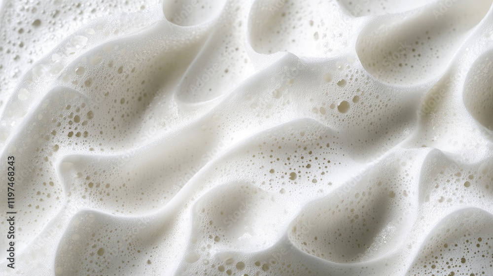 Poster abstract close-up of creamy white foam texture with bubbles and soft waves showcasing fluidity and d