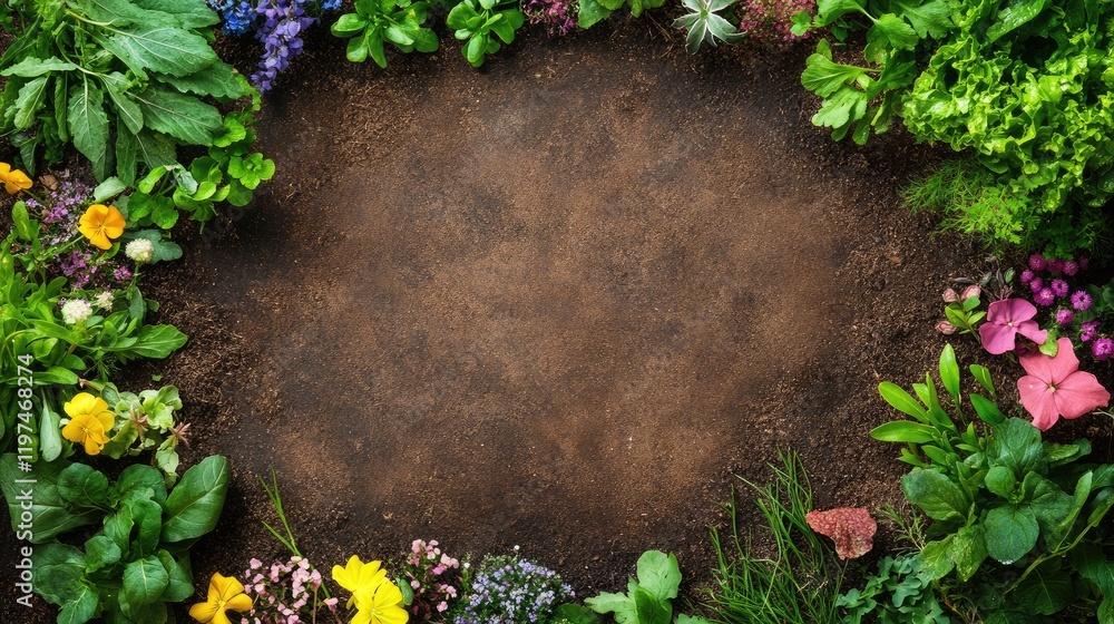 Poster colorful flower and leafy plant border framing empty soil background with copy space for text or gra