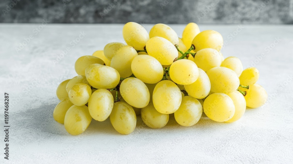 Poster fresh yellow grapes arranged on a light textured surface with soft natural lighting and ample copy s