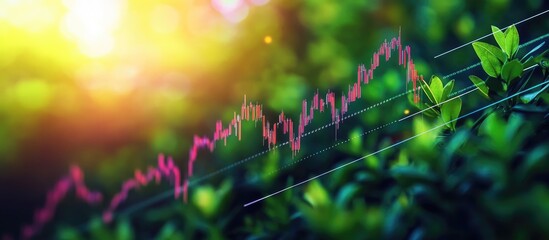 Business team analyzing financial trends on a vibrant green background with upward trading graph overlay and golden sunlight illuminating the scene
