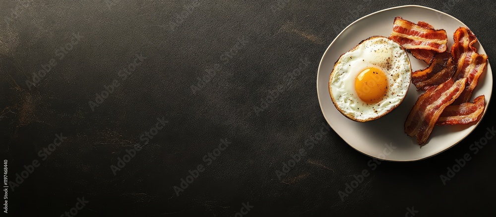 Aufkleber breakfast composition with fried egg, crispy bacon and fresh coffee on dark background with empty sp