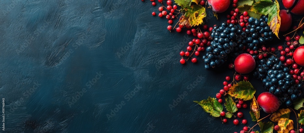 Poster autumn berries and red apples flat lay on dark blue background with colorful leaves and blank space 