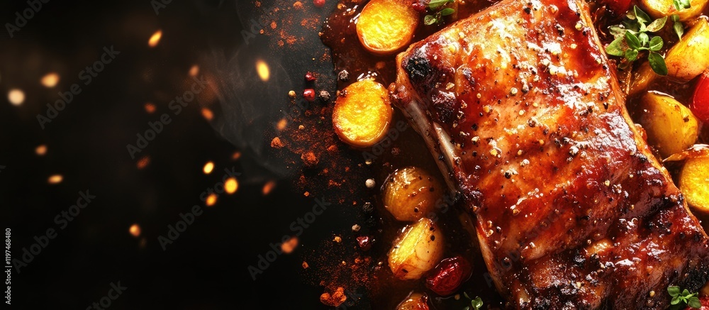 Poster braised pork ribs garnished with colorful vegetables and spices on a dark background with ample empt