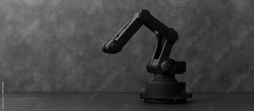 Poster black industrial robot arm positioned on dark gray surface in modern workshop environment with gener