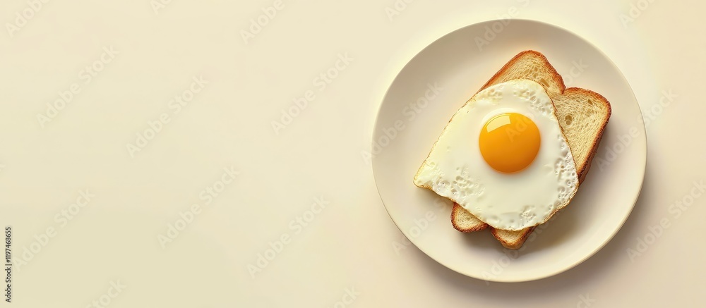 Aufkleber fried egg on two slices of golden toasted bread on a white plate with neutral beige background and e