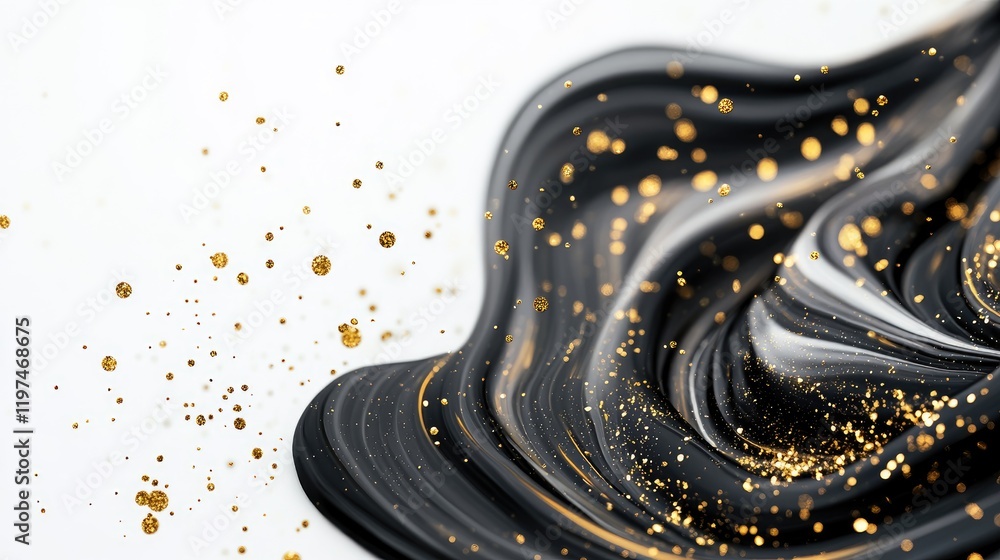 Poster black and gold liquid art with sparkling particles and smooth flowing texture on white background co