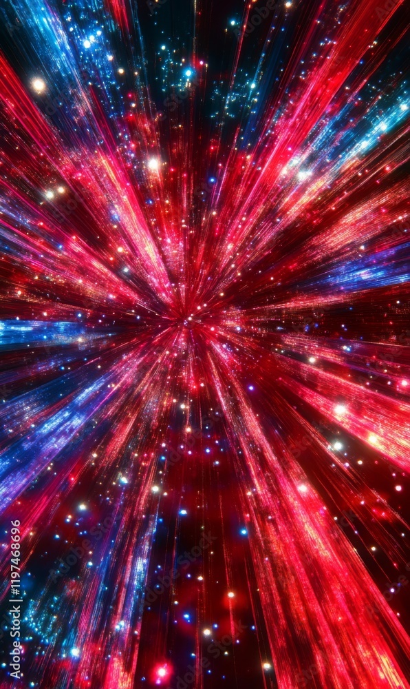 Poster abstract burst of red and blue light rays with sparkling stars illuminating dark space