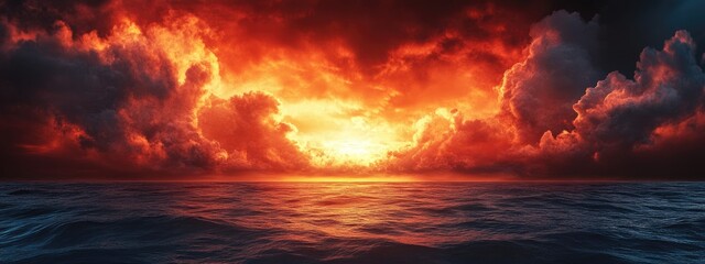 Dramatic sunset over calm ocean waters with dark clouds and vibrant orange and red hues Copy Space