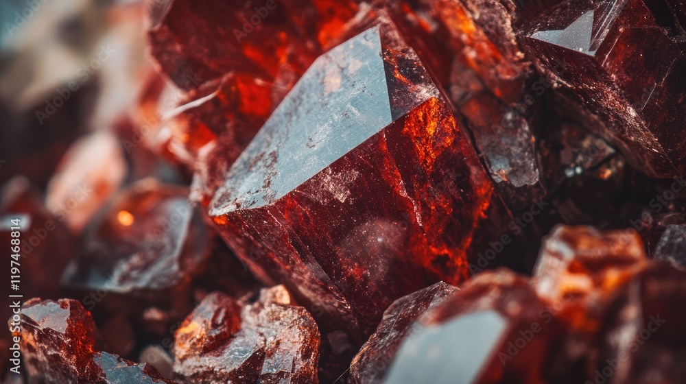 Poster deep red garnet crystals with sharp facets and a textured mineral surface showcasing natural light r