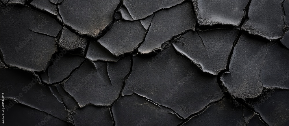 Poster cracked black concrete texture with dark plaster background and ample negative space for text or des