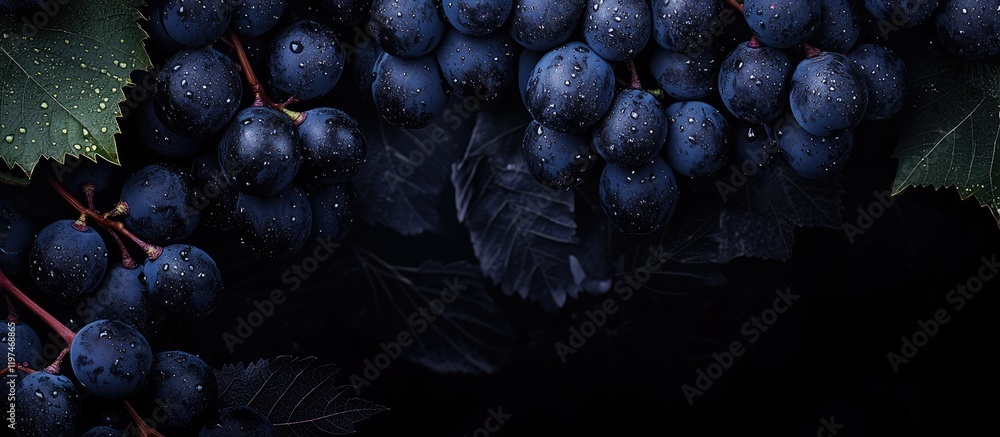 Poster fresh black grapes glistening with water droplets on a dark textured background, showcasing a lush g