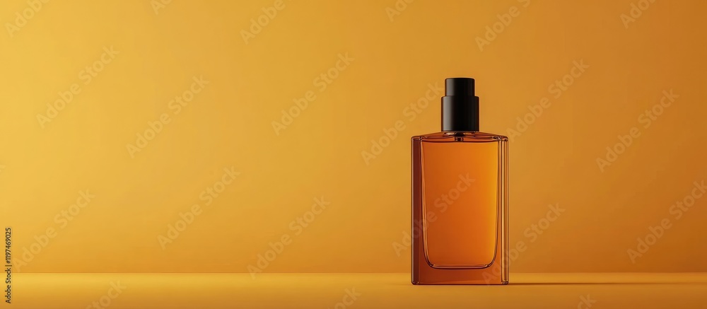 Poster elegant amber cologne bottle against warm yellow background with ample empty space for branding and 