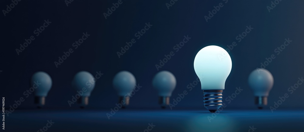 Poster illuminated light bulb focused in center with dim blue background and empty space for brand developm