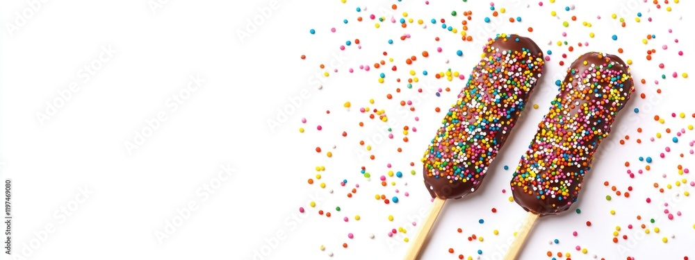 Poster chocolate covered ice cream bars with colorful sprinkles on white background with ample copy space f