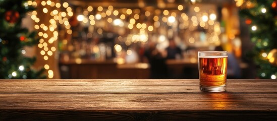 Brandy glass filled with amber drink on rustic wooden bar table illuminated by festive warm lights in vibrant restaurant setting with patrons blurred in background