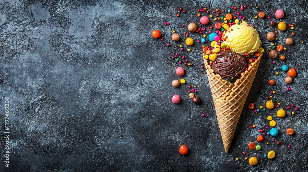 Poster ice cream cone with chocolate and vanilla scoops surrounded by colorful candies and sprinkles on a t